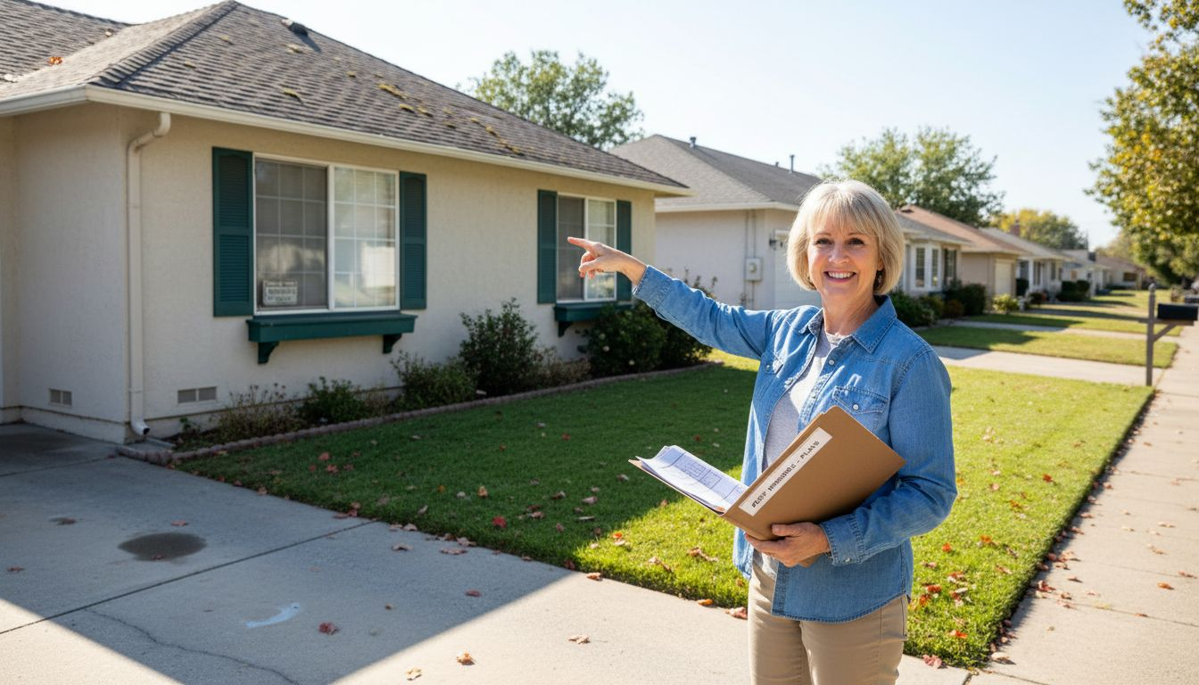 Homeowner highlighting hip roof design exterior