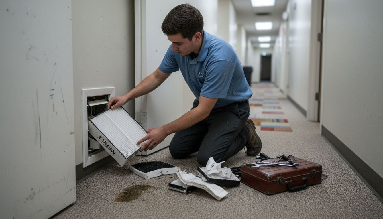 Technician changing HVAC filter for efficiency