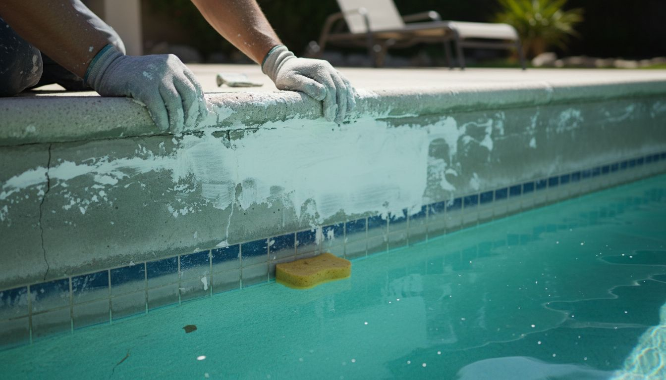 Worker repairing cracked pool surface up close