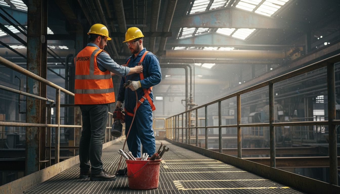 Safety inspection before industrial painting on catwalk