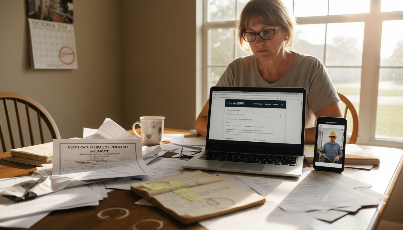 Homeowner verifying Florida roofing contractor license