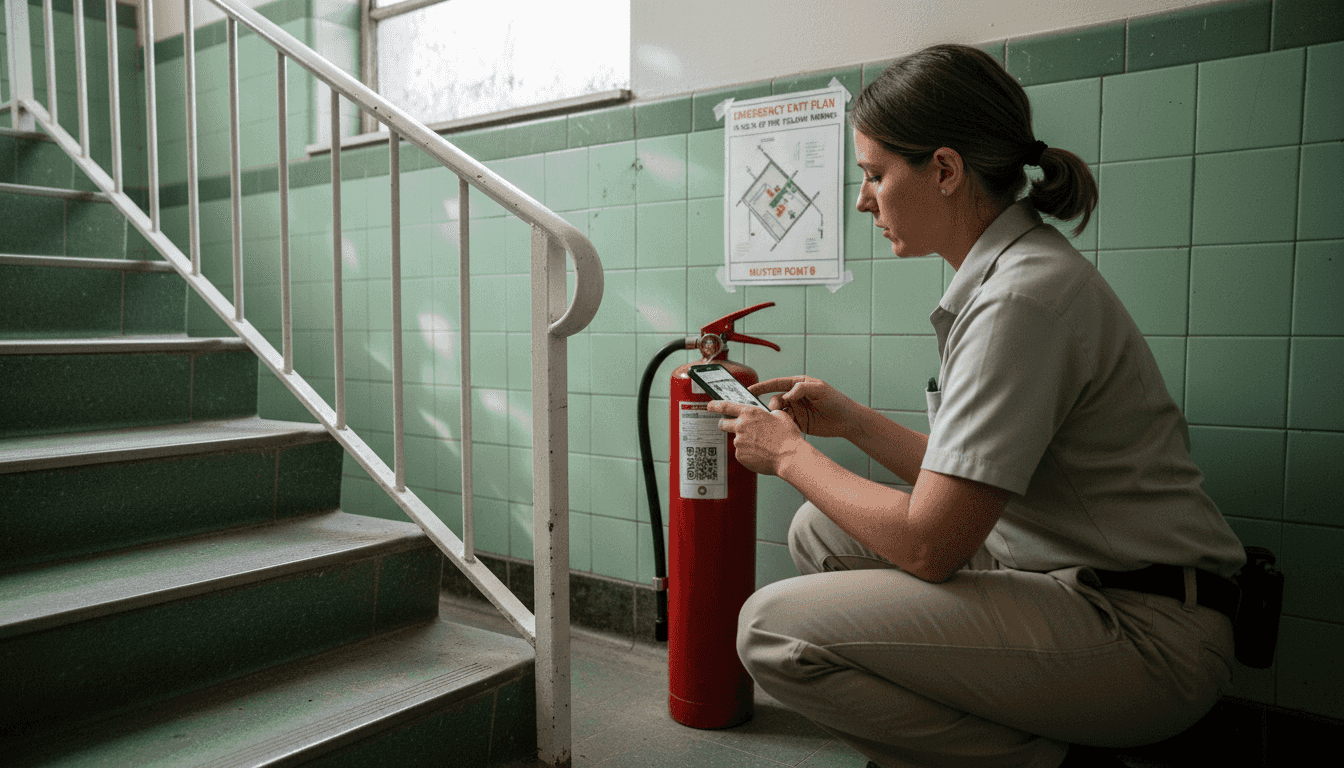 Manager checking hospital fire extinguisher tag