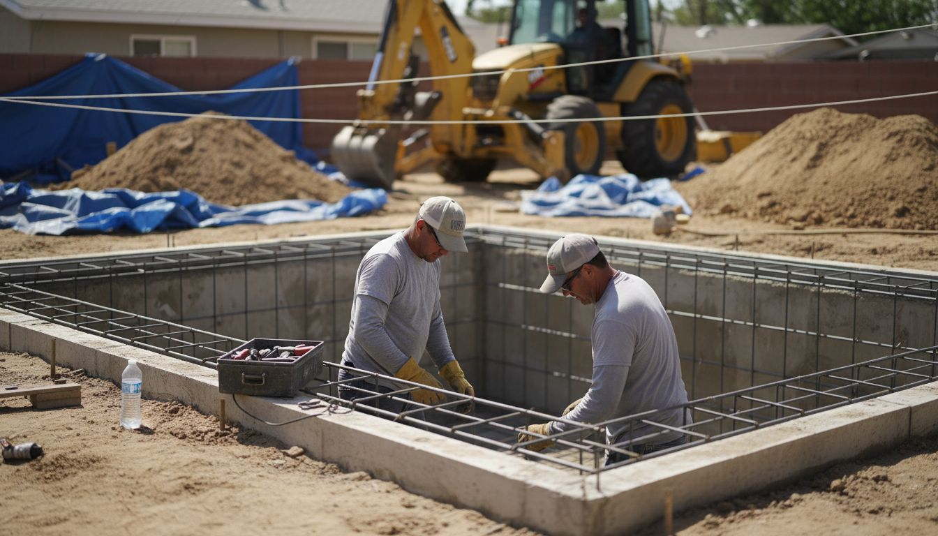 Workers installing rebar concrete pool shell