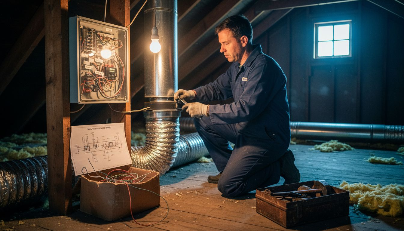 Technician adjusts HVAC damper in attic