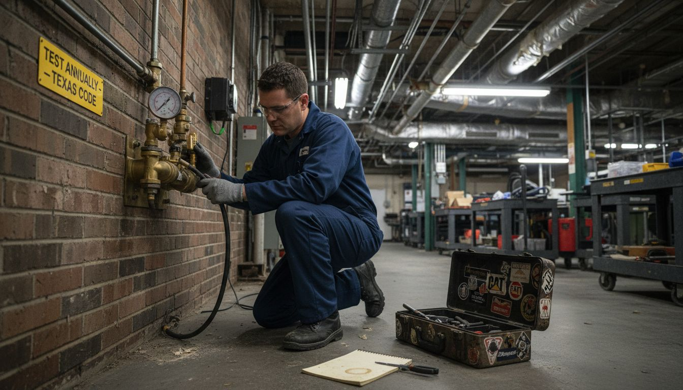 Technician tests backflow device with pressure gauge
