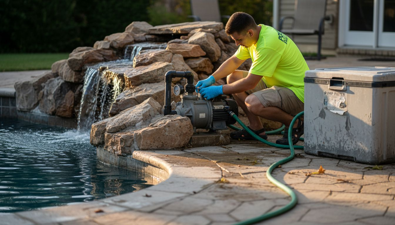 Pool water features boost relaxation and value by 8% 1 Technician servicing backyard pool waterfall system