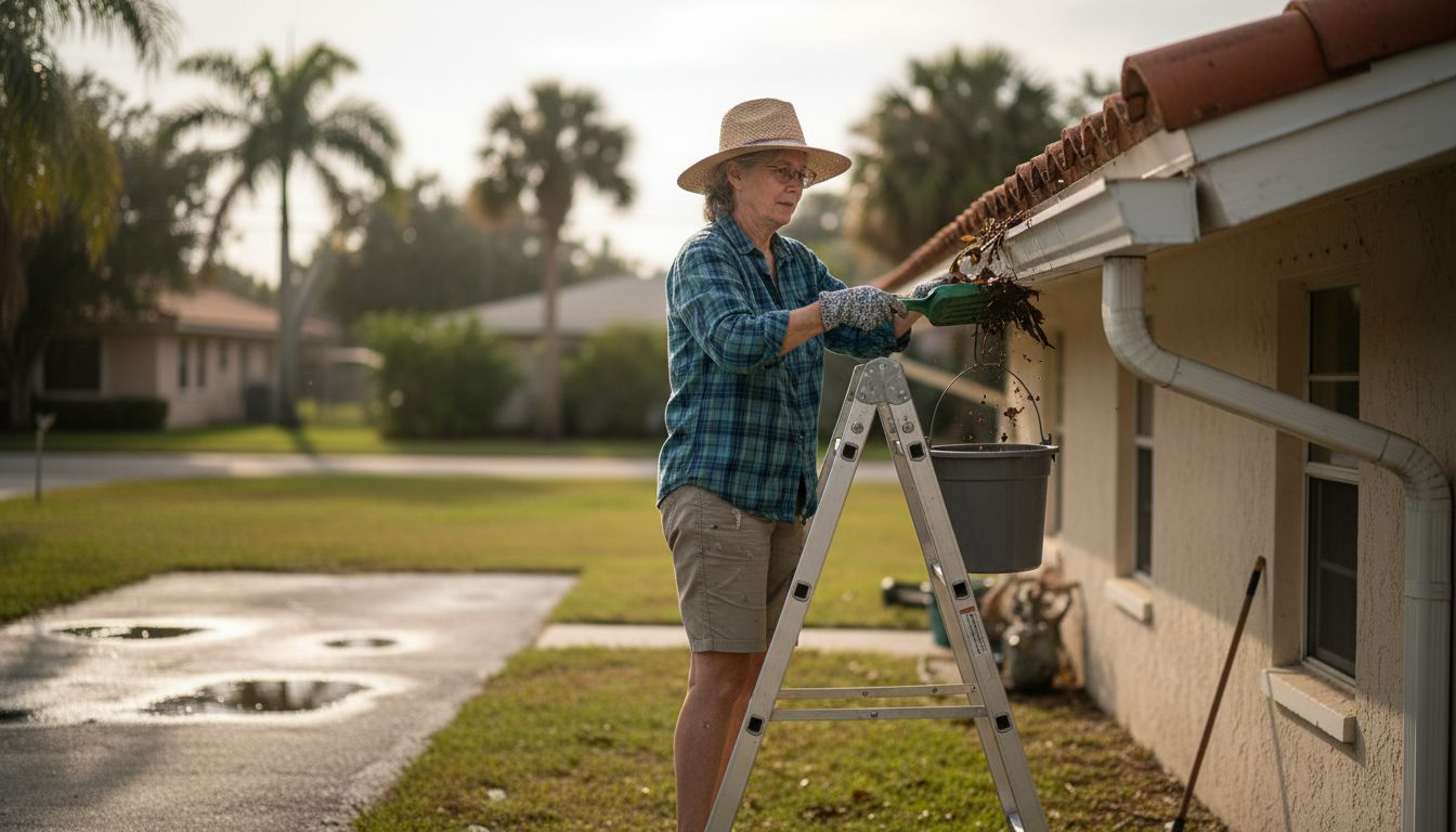 Woman safely cleaning Florida home gutters