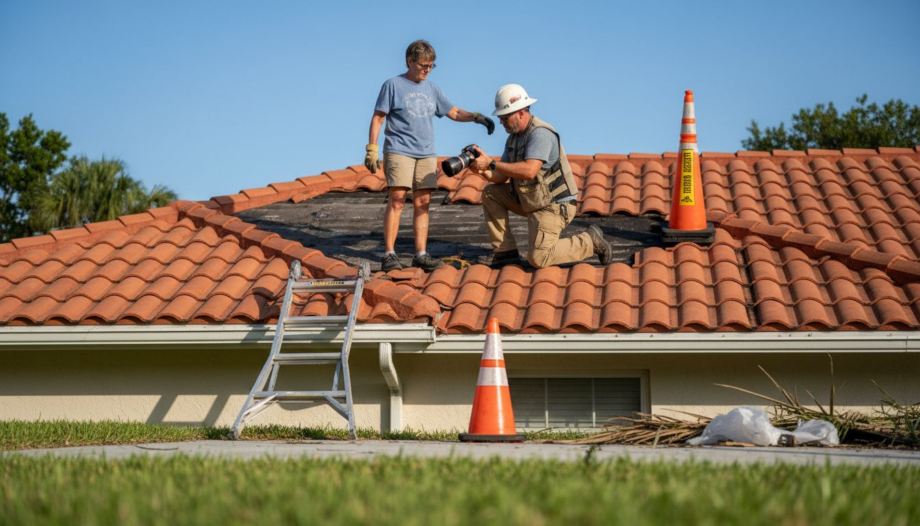 Inspector and homeowner discuss storm roof damage