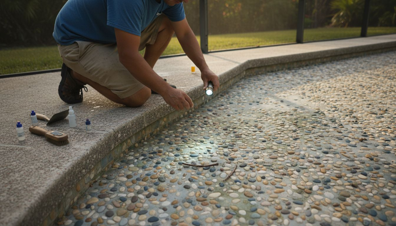 Pool worker examining pebble finish texture