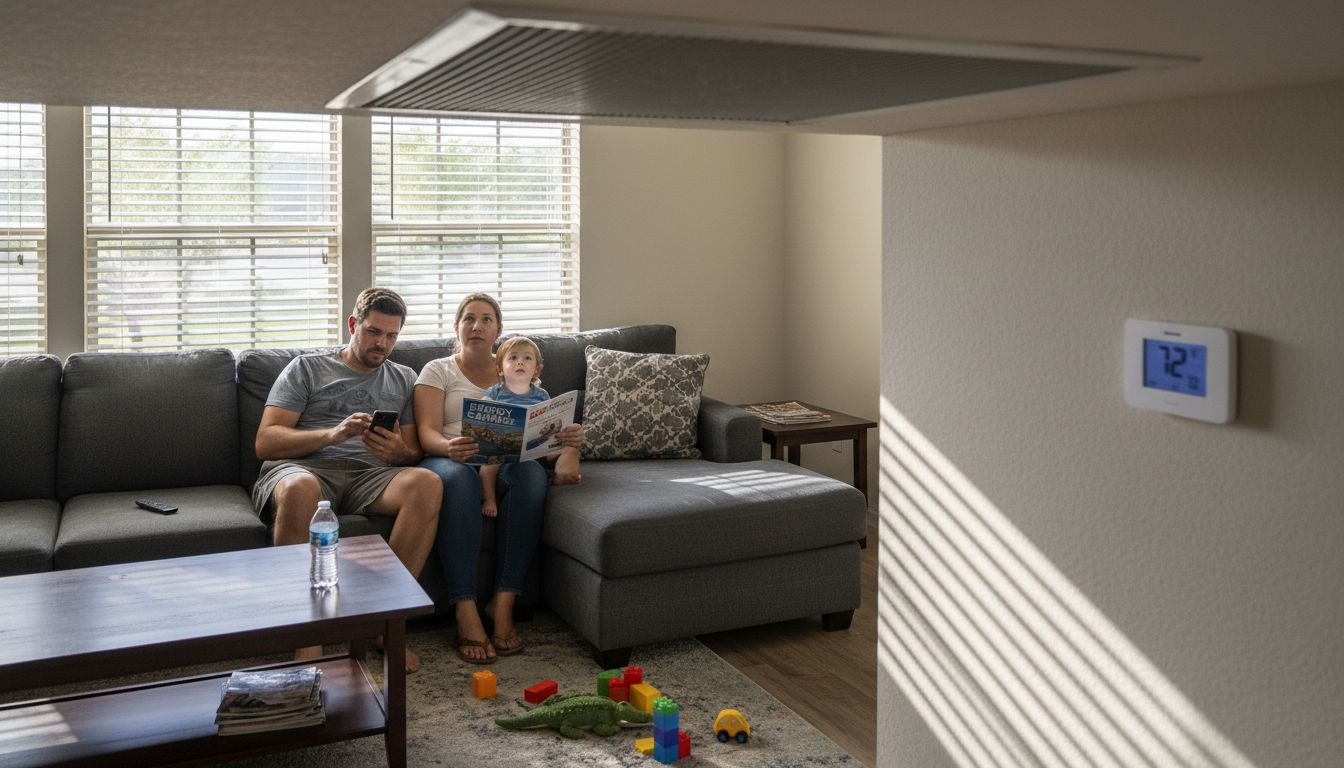Family with modern HVAC and home thermostat