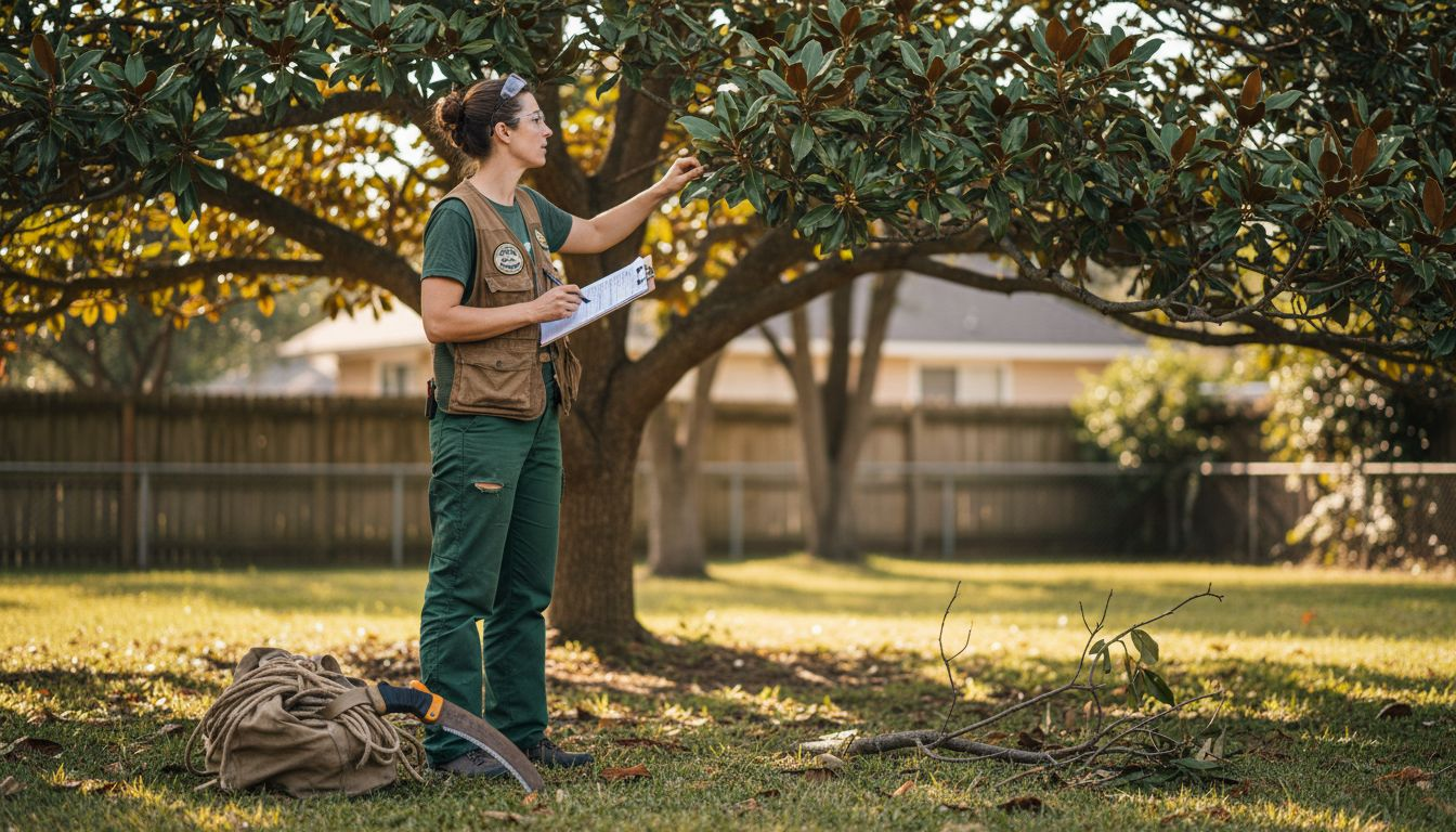 Arborist reviewing credentials during tree inspection