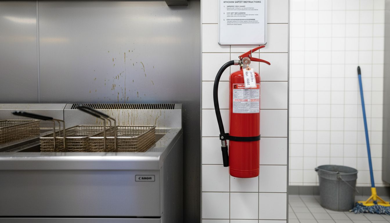 Class K extinguisher near kitchen fryer