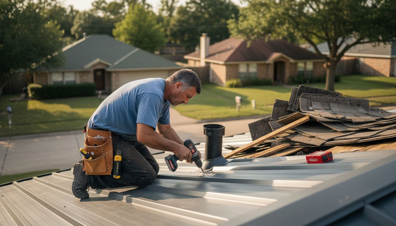 Worker installing metal roof in Houston