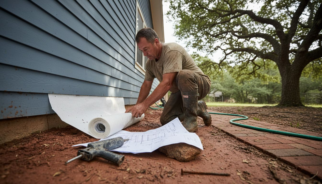 Contractor installing moisture barrier under siding