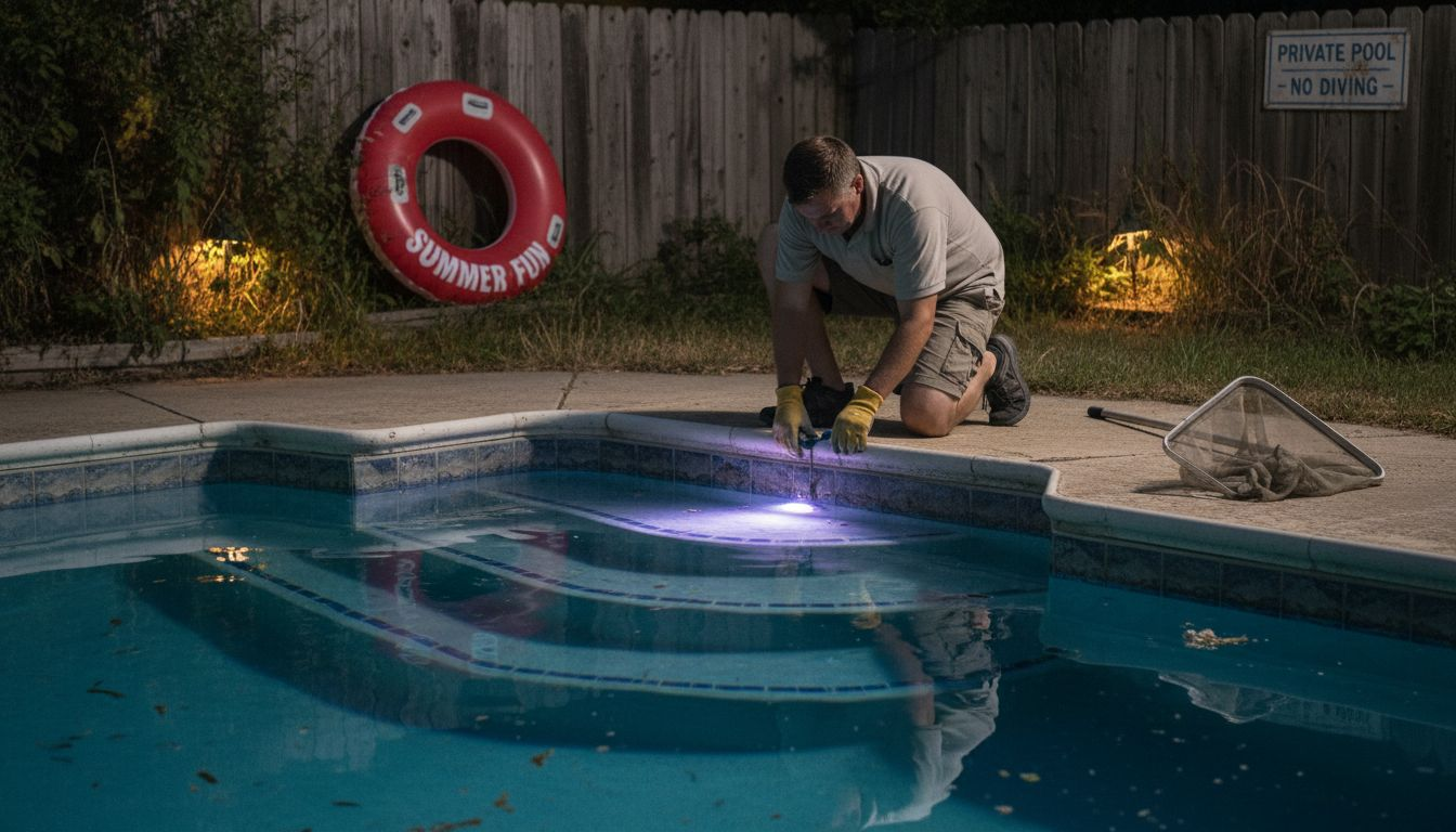 Technician inspecting night pool safety lighting
