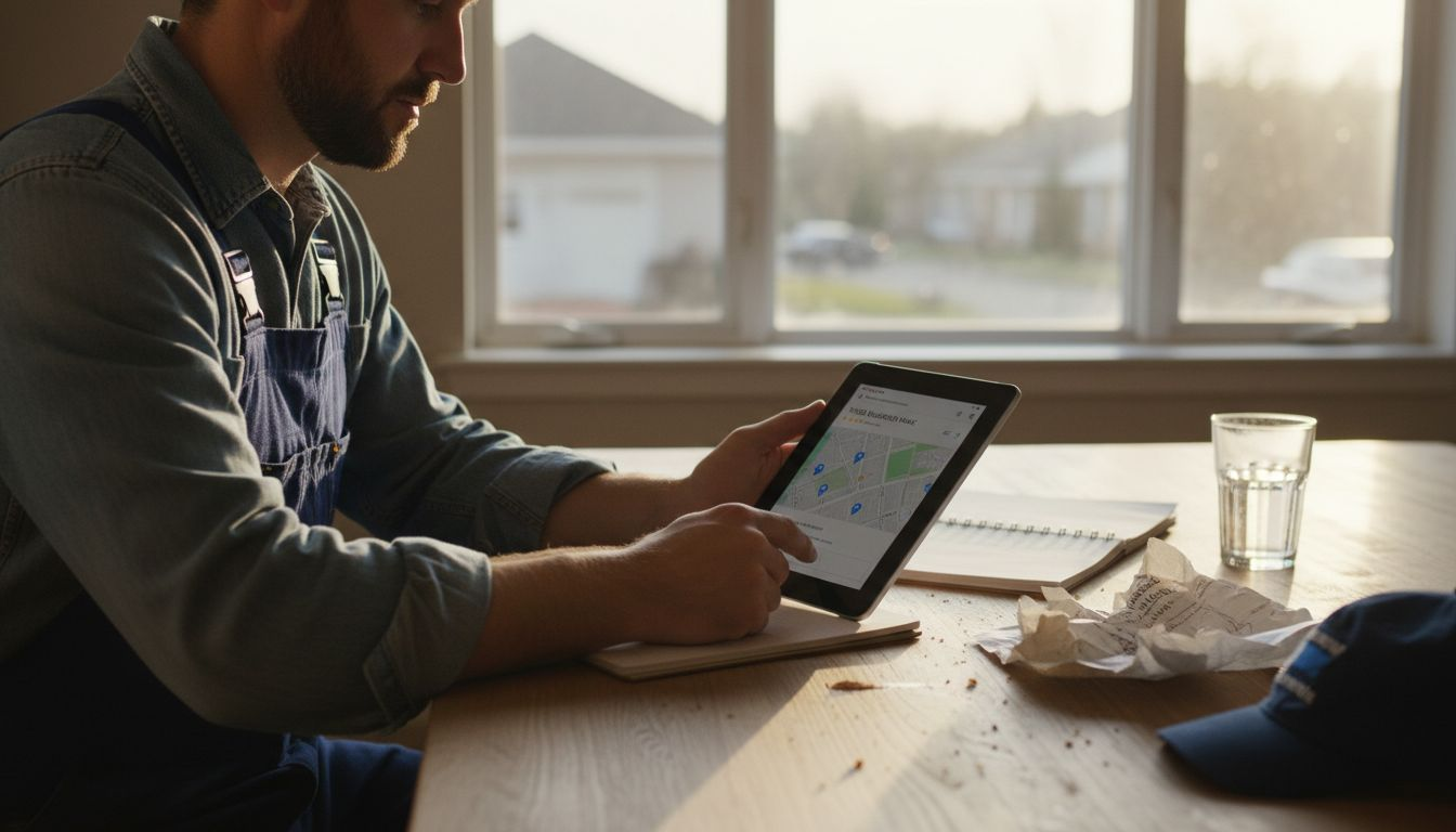 Plumber updating business profile at kitchen table