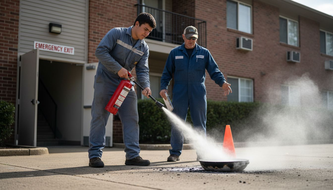 Worker practices fire extinguisher drill outside building