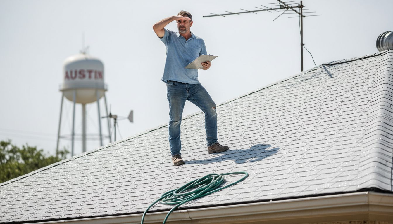 Inspector checking cool reflective roof shingles