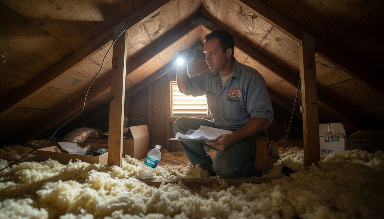 Certified roofer inspecting attic roof interior