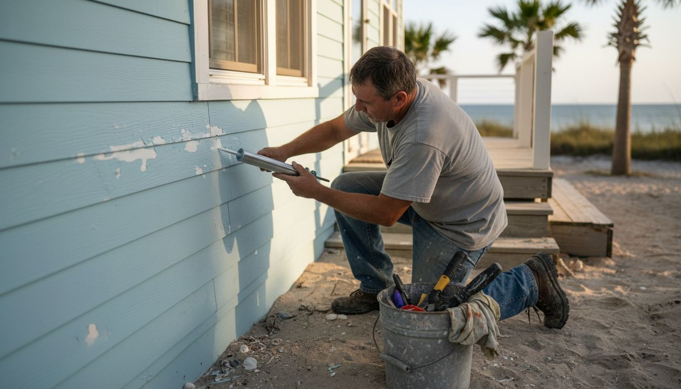 Contractor maintaining fiber cement siding on coast