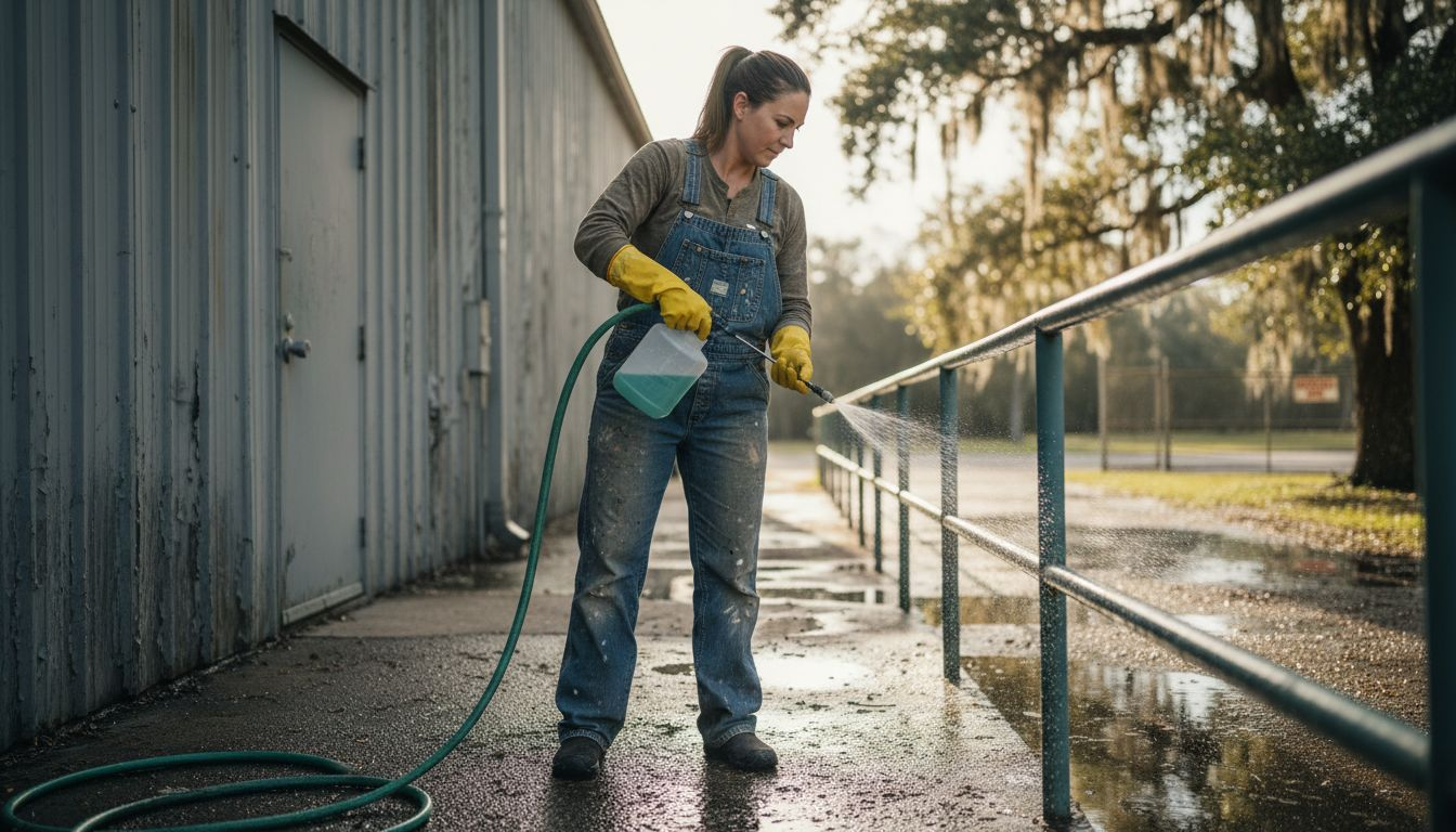 Technician cleaning painted railing outdoors in Florida