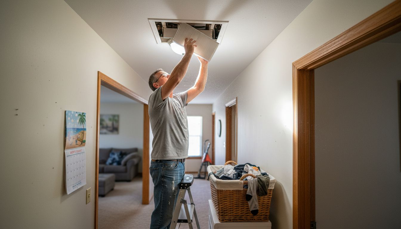 Tenant changing air filter in hallway ceiling