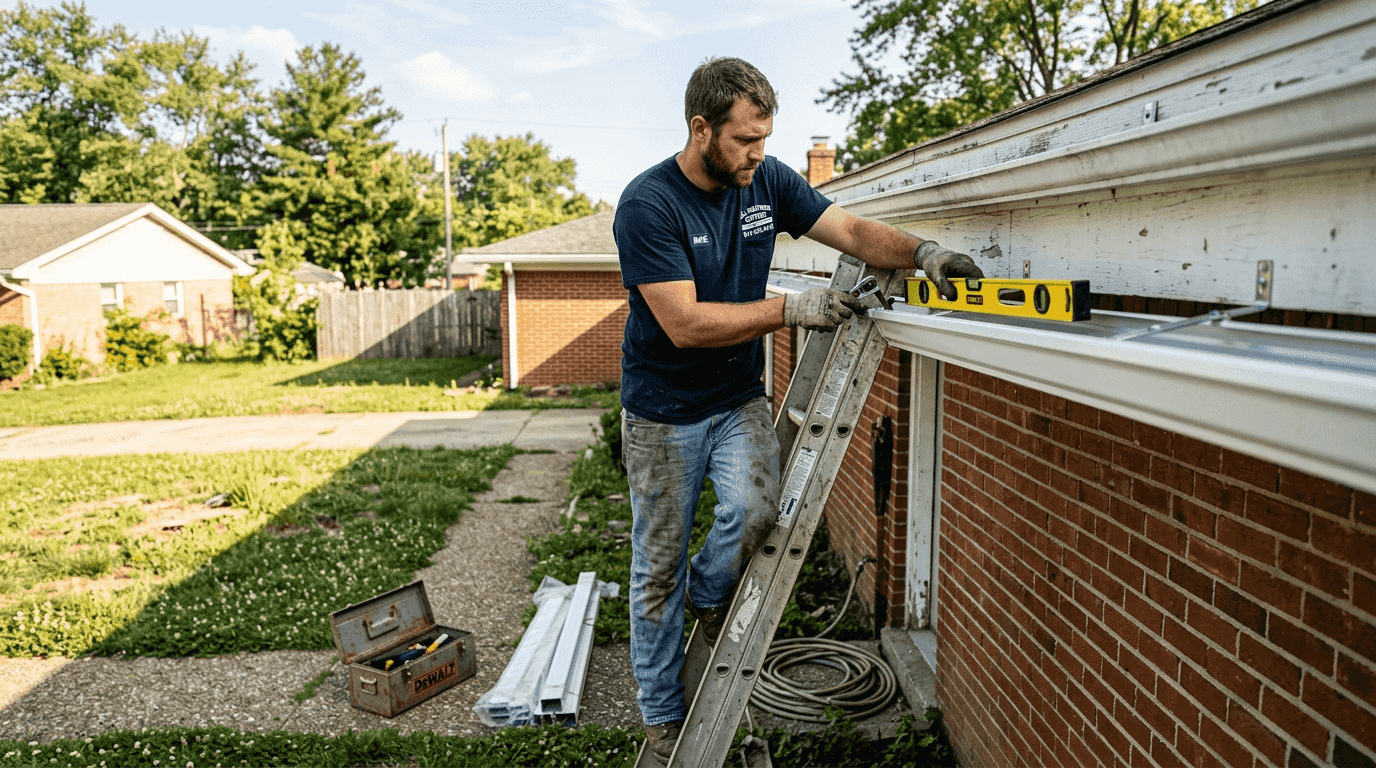 Technician adjusting new gutter installation