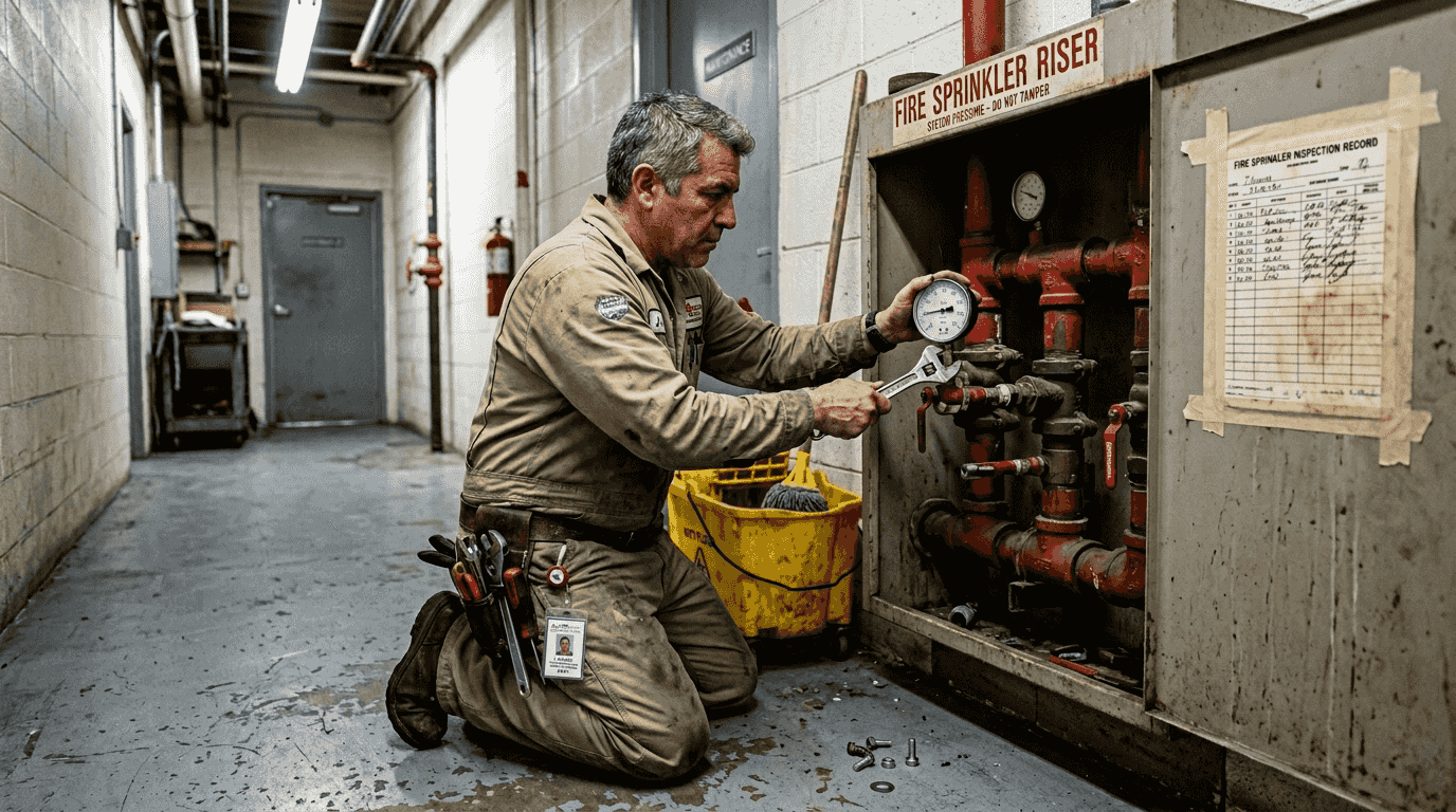 Technician servicing fire sprinkler system