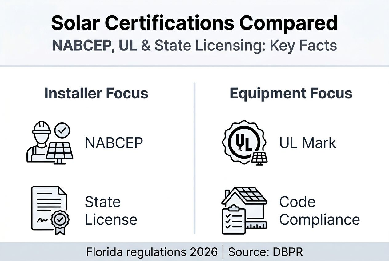 Role of certifications in solar installations Florida 2026 2 Infographic showing main solar certifications in Florida