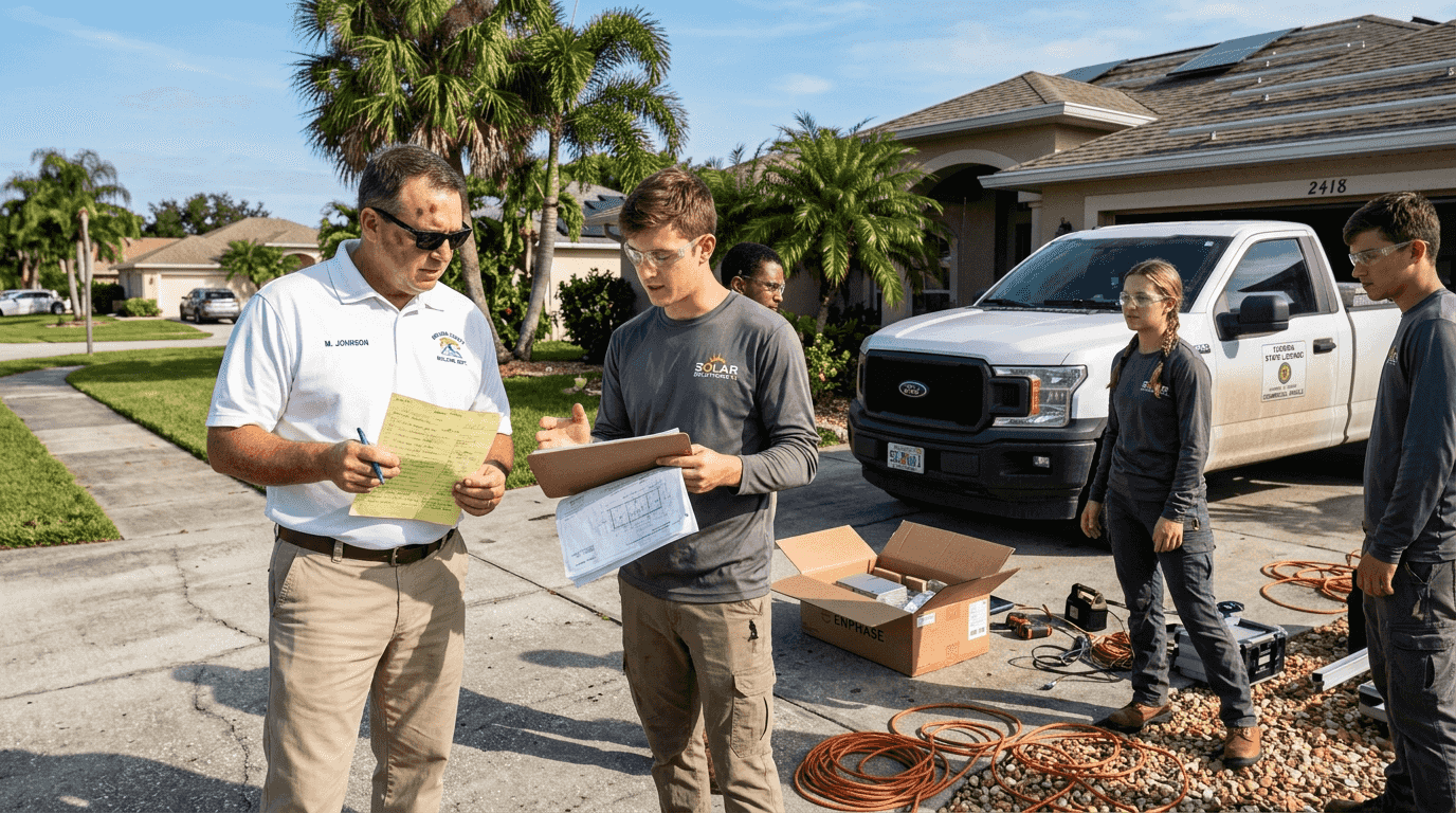 Role of certifications in solar installations Florida 2026 1 Inspector checking solar installer’s license documentation