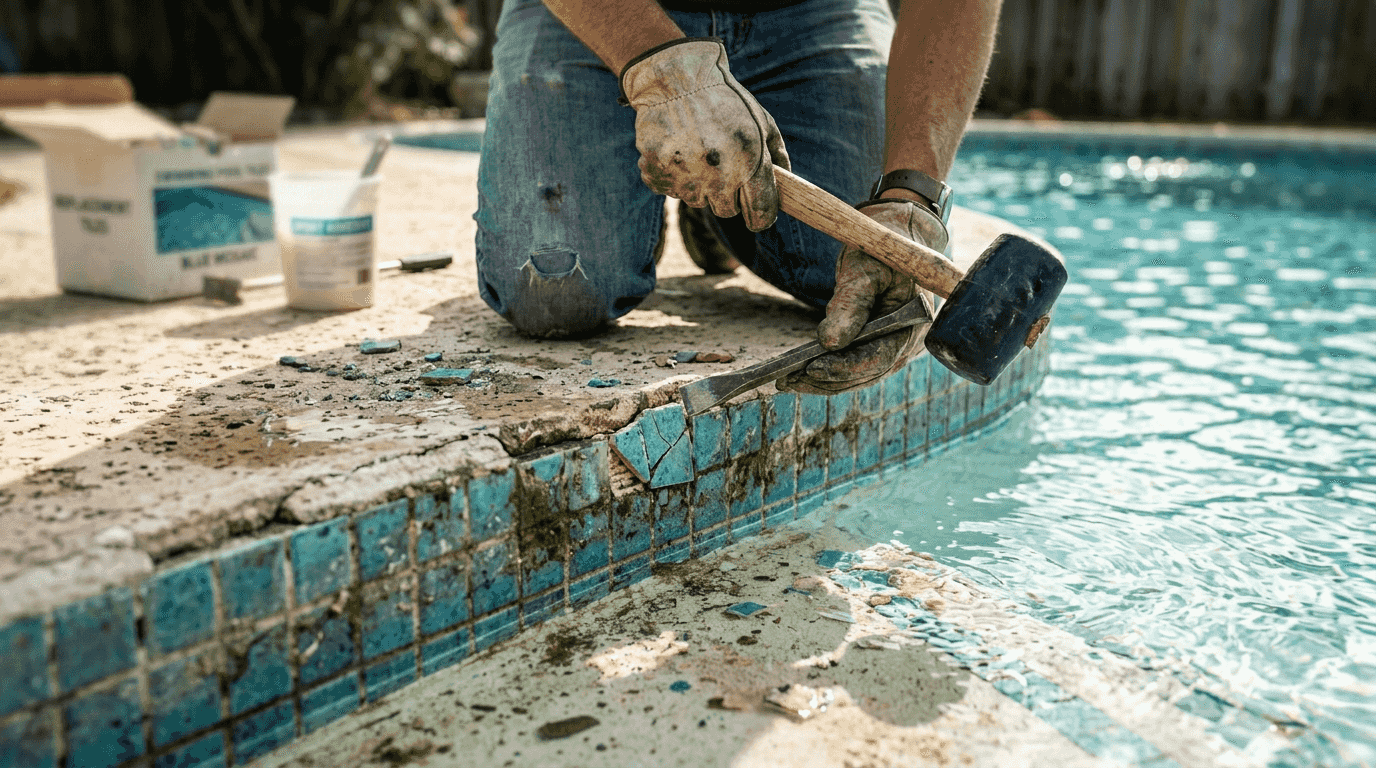 Hands removing cracked pool tile with tools