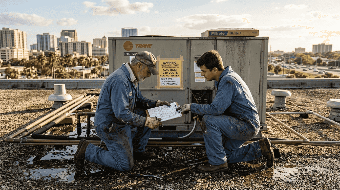 Technicians service packaged rooftop HVAC unit