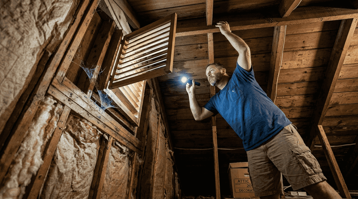 Homeowner checking attic vent moisture signs
