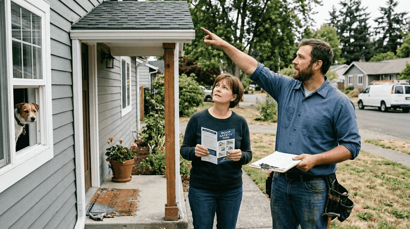 Roofer and homeowner discussing roof inspection