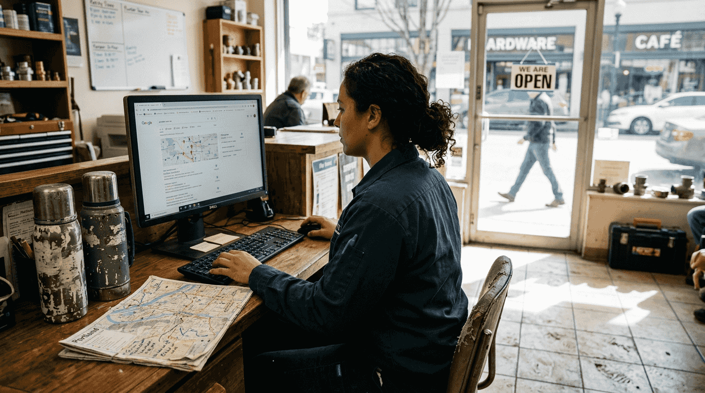 Plumber viewing local search results on computer