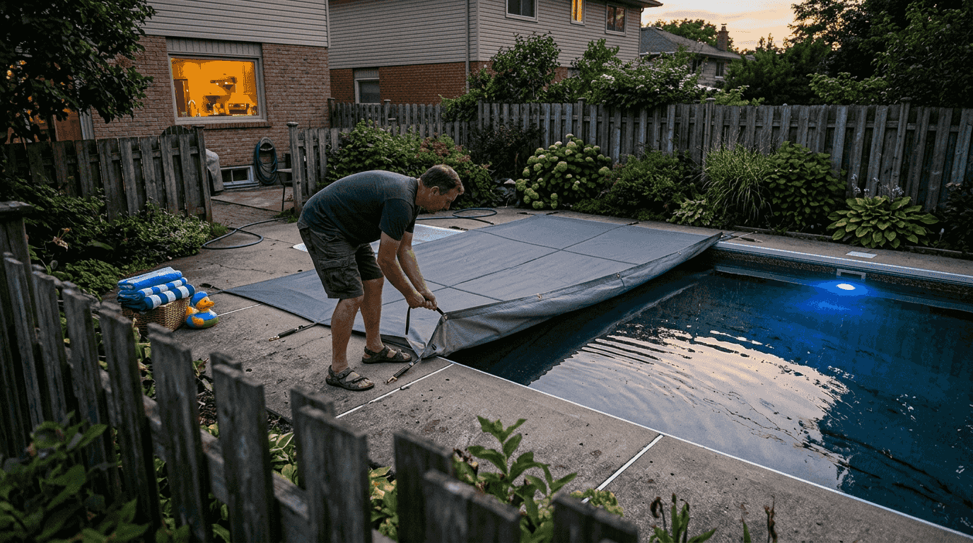 Homeowner placing cover over lit backyard pool