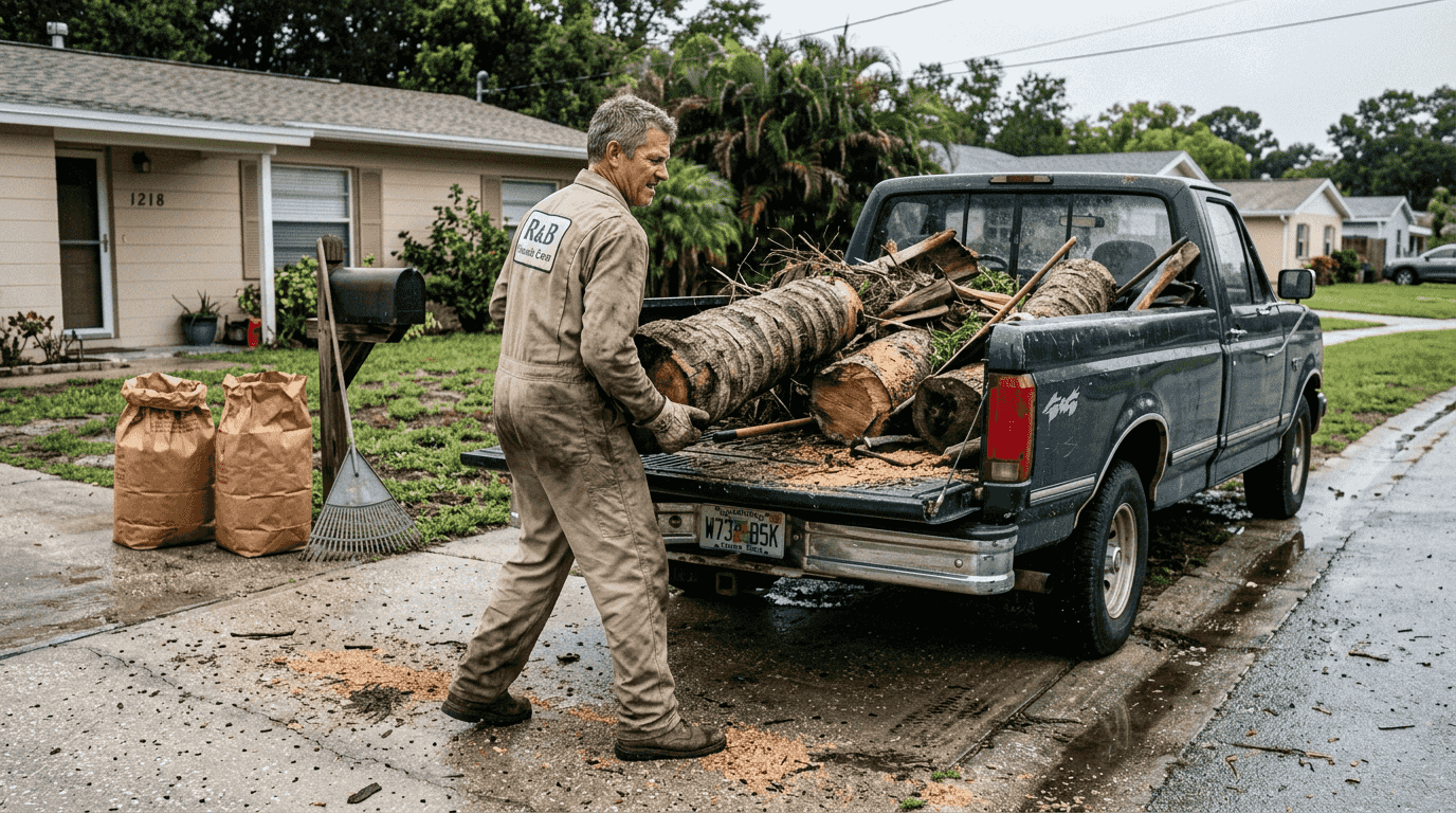 Worker loads hazardous tree trunk into truck