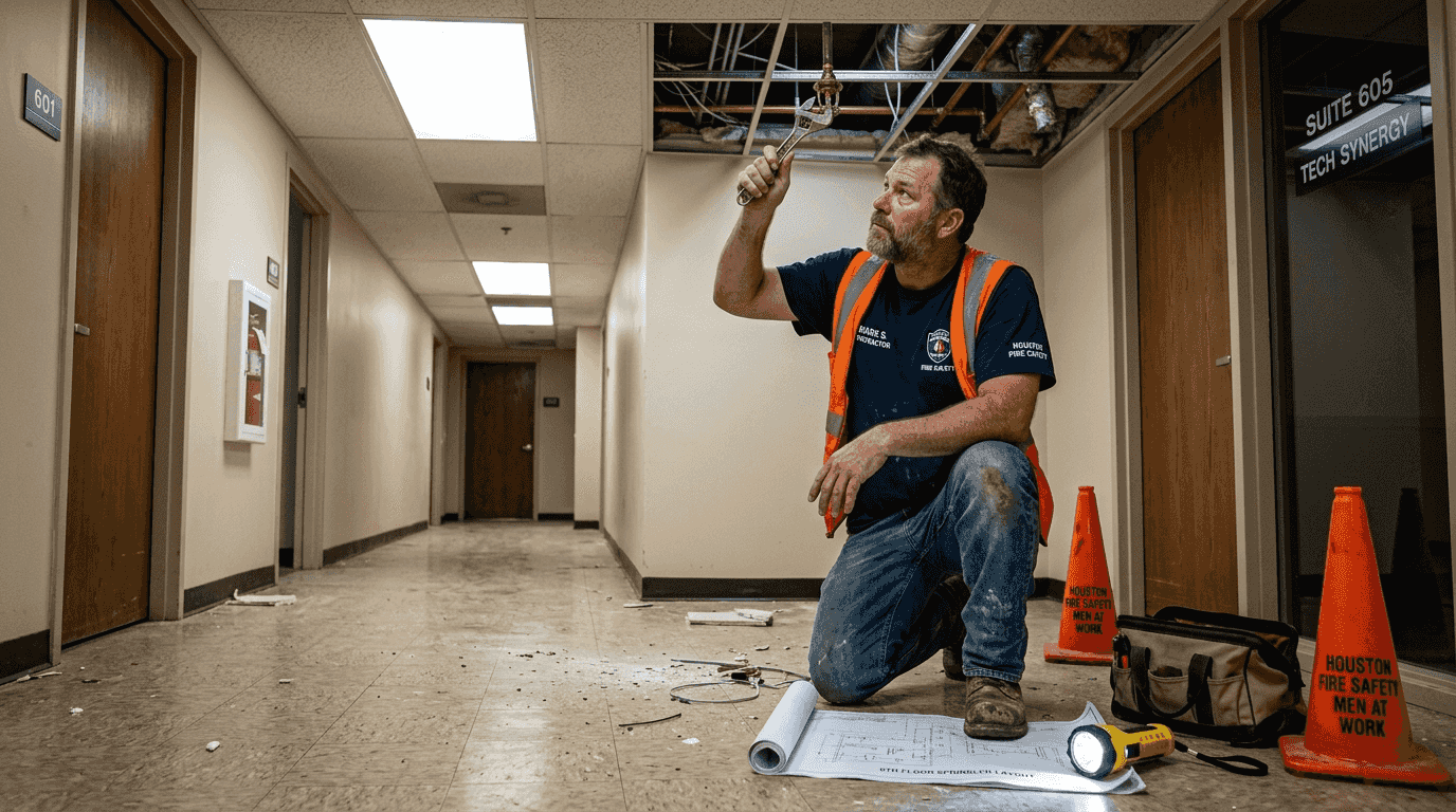 Contractor installing fire sprinkler in office