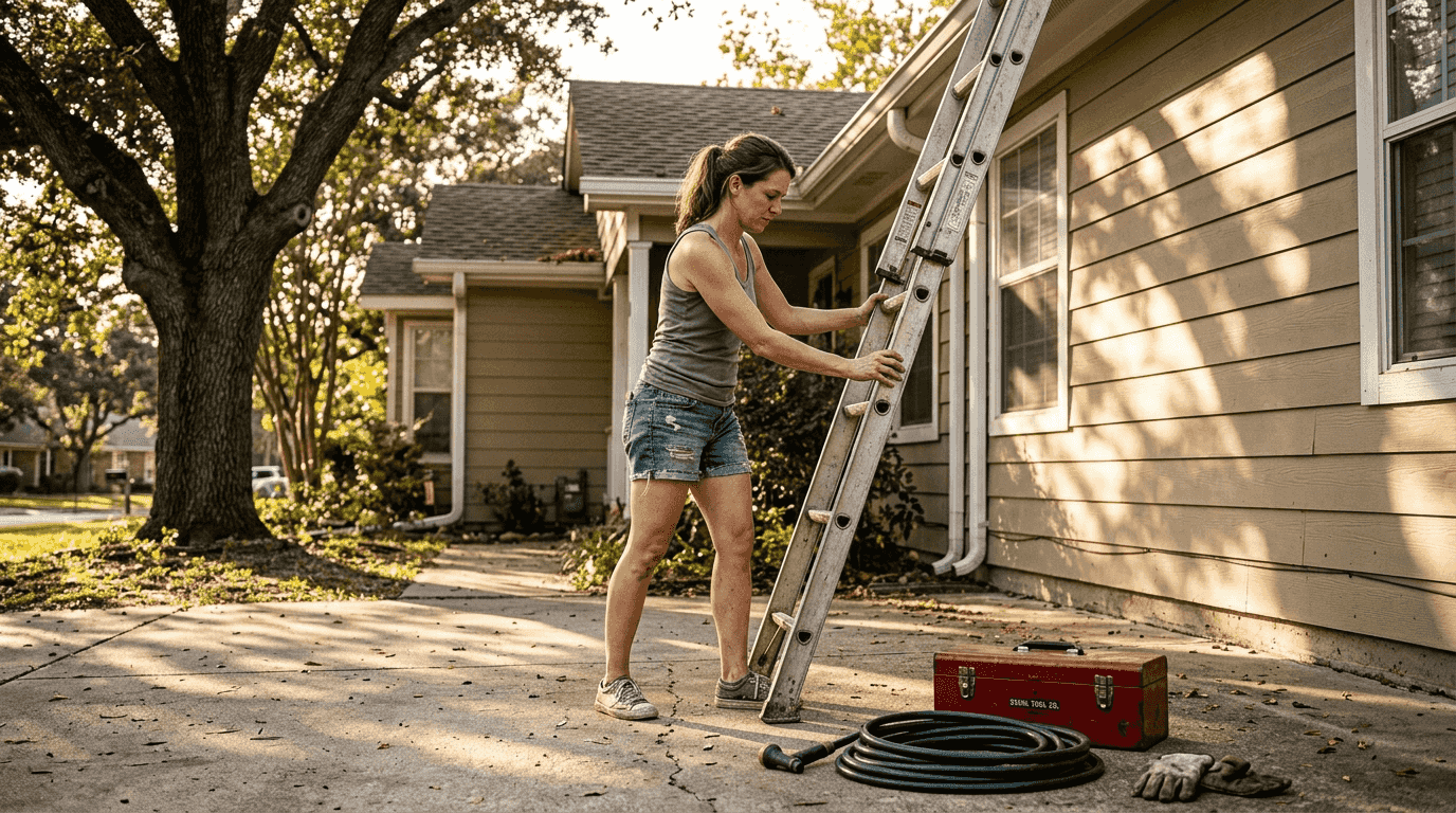 Woman checking ladder setup for roof maintenance