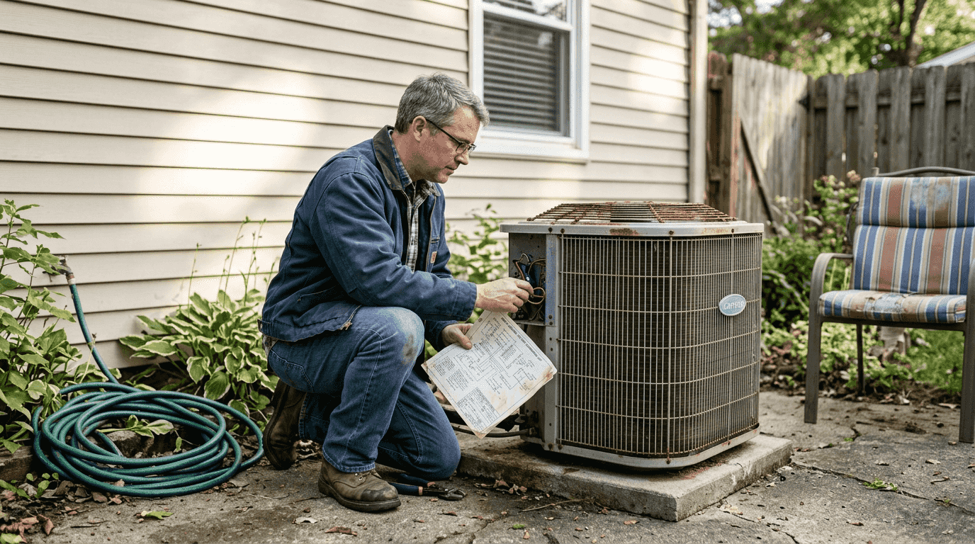 Homeowner examining outdoor condenser unit