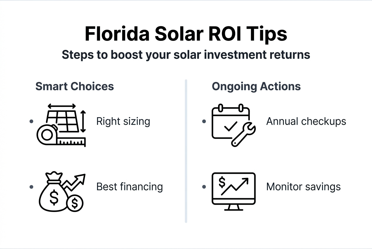 Solar ROI explained: maximize your Florida investment 2 Infographic showing Florida solar ROI improvement steps