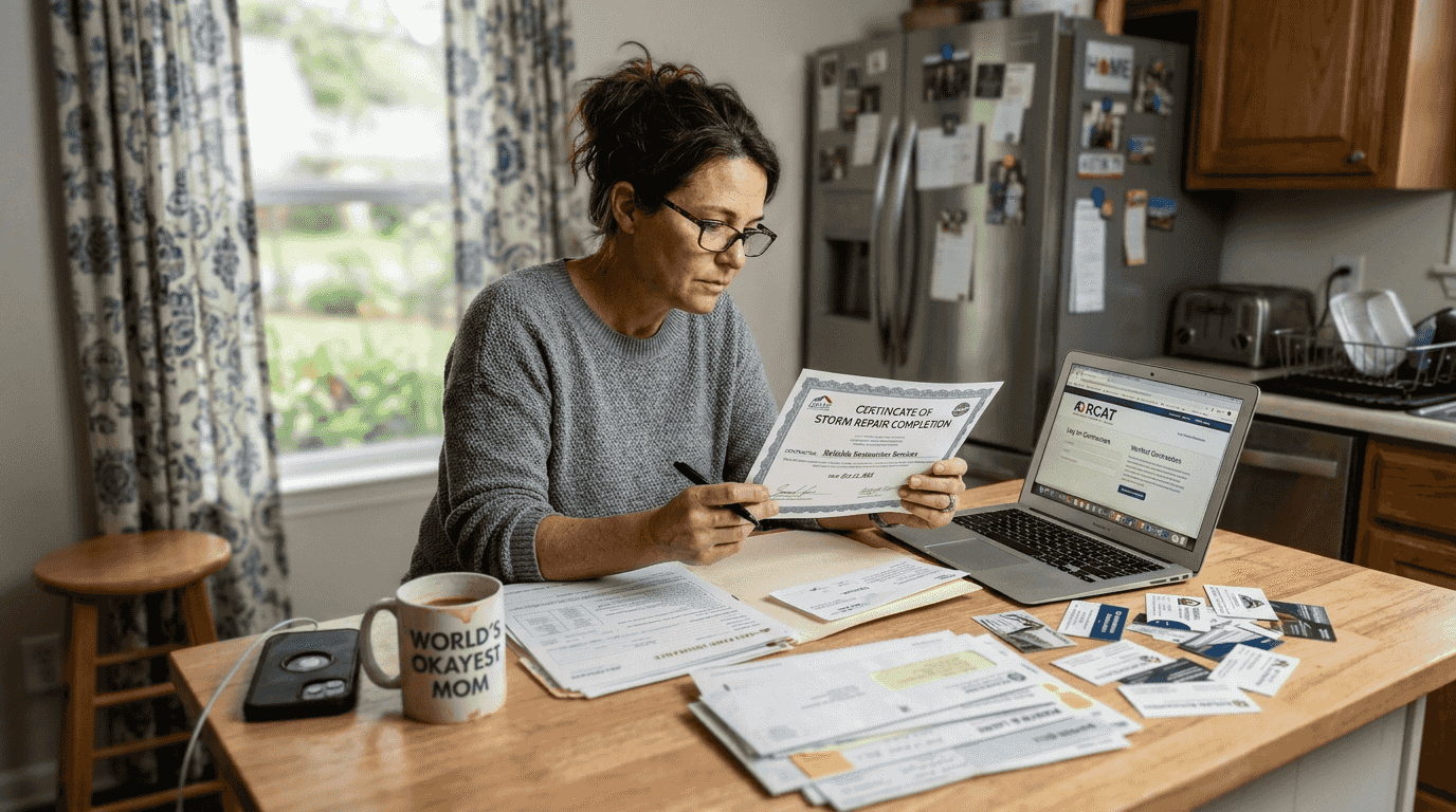 Homeowner reviews roofing credentials paperwork