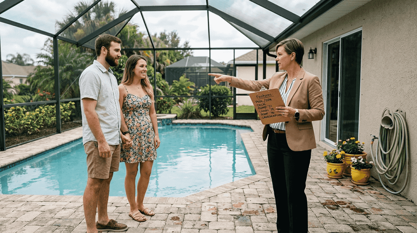 Agent highlighting clean pool to homeowners