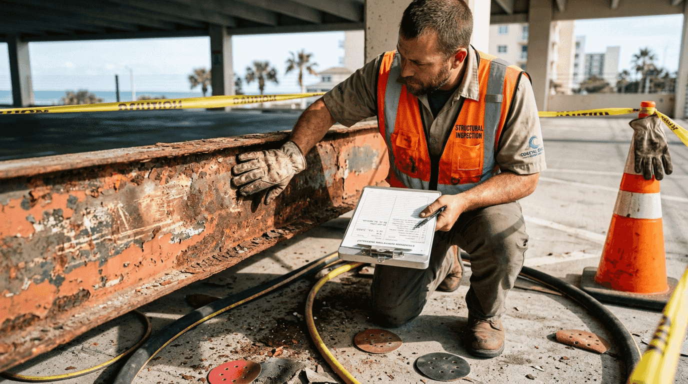 Worker checking surface preparation at Florida site