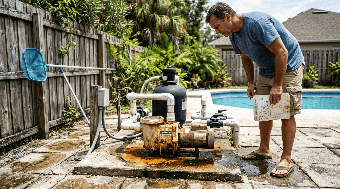 Pool maintenance importance for Central Florida: 2026 guide 1 Homeowner checking worn pool pump outdoors