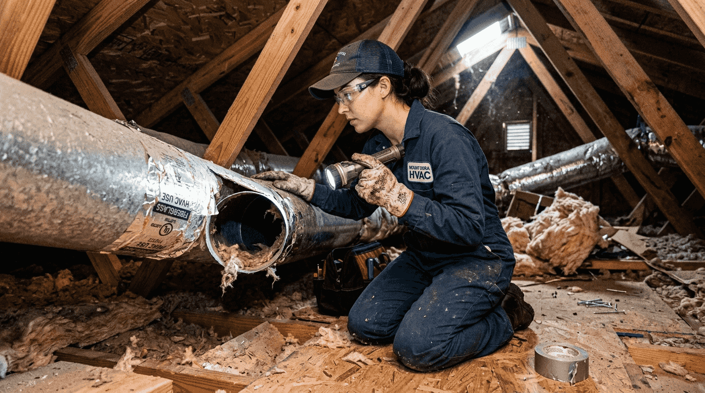 Technician inspecting attic ductwork in Florida