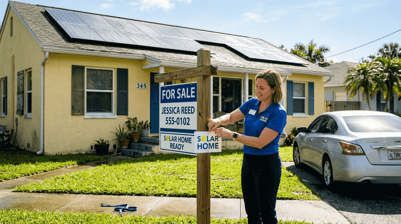 Agent places Solar Home sign at Florida house