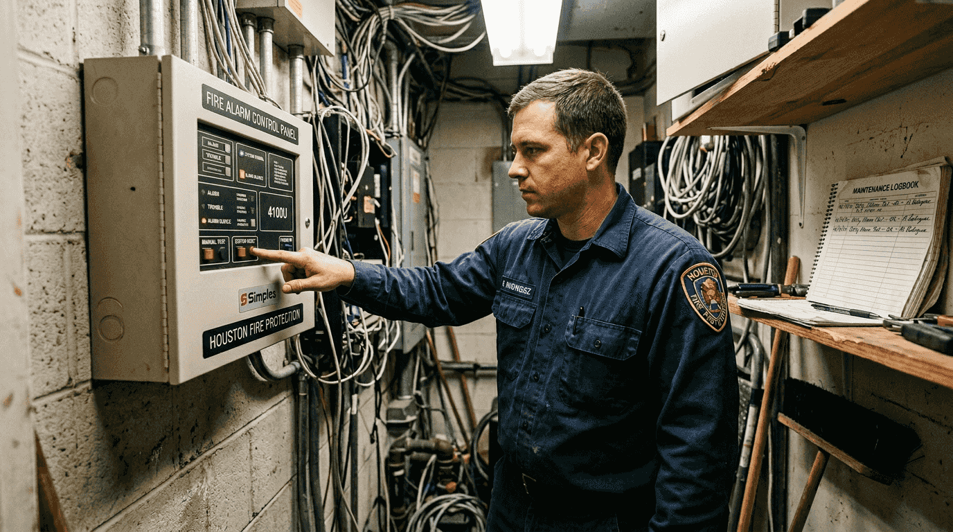 Technician tests fire alarm system in closet