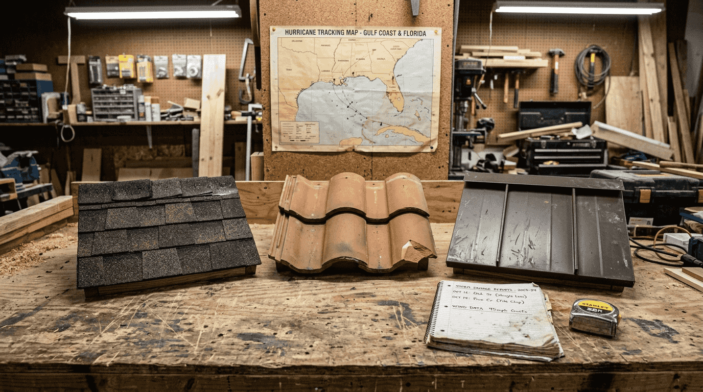 Mockups of shingle, tile, metal roofs after storm