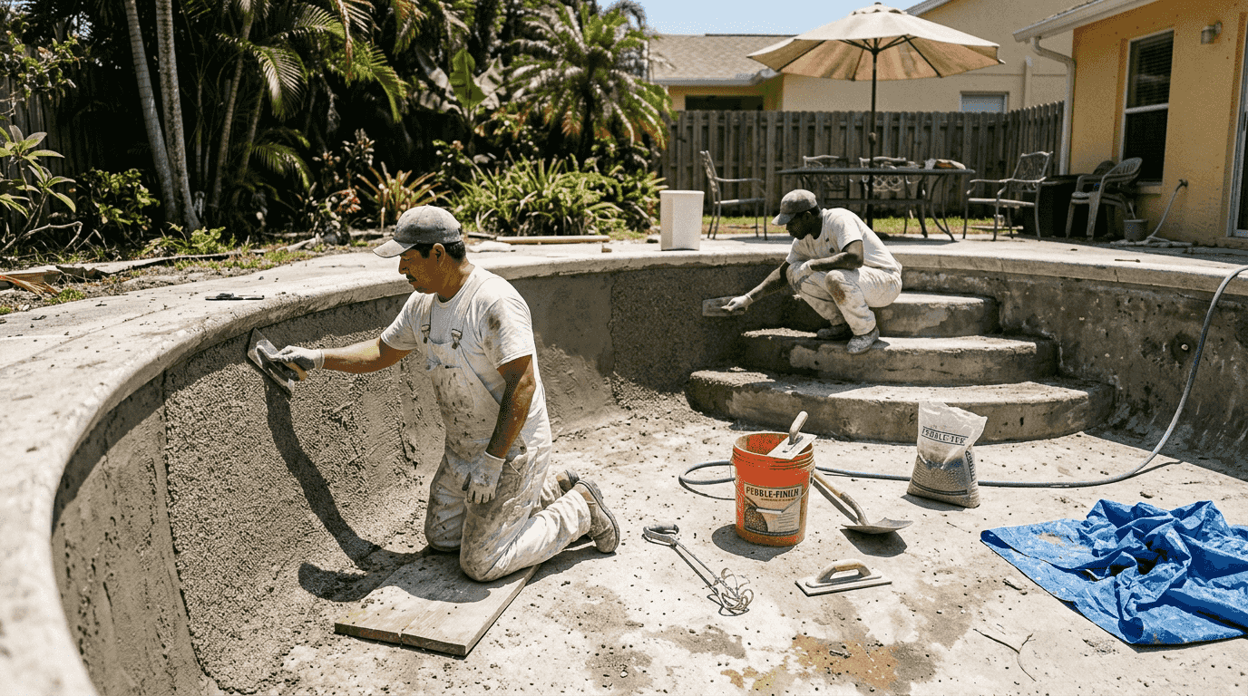 Workers applying aggregate finish to pool surface